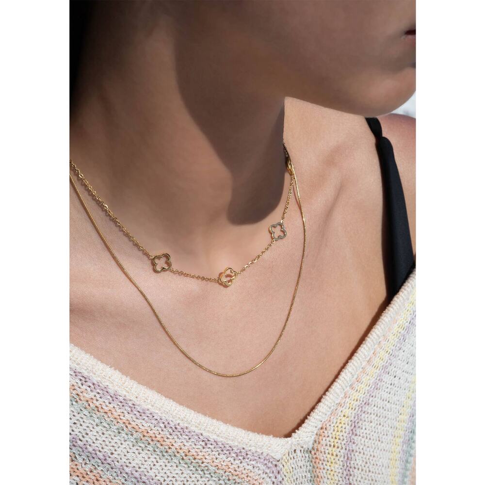 18K Silver PVD Stainless Steel Layered Clover Charm Necklace